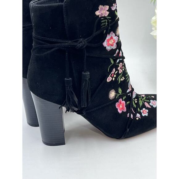 Sam Edelman Black Suede Embroidered Floral Winnie Block Heel Ankle Boots Sz 8 - Picture 3 of 15